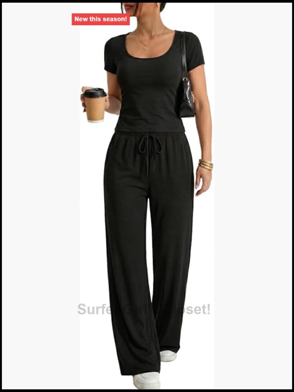 Square Neck 2 Piece Set - Slim Fit Short Sleeve Top & Wide Leg Pants